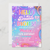 Hello Double Digits Neon Glow Girl 10th Birthday Einladung (Vorderseite)