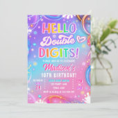 Hello Double Digits Neon Glow Girl 10th Birthday Einladung (Stehend Vorderseite)