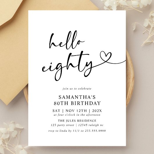 Hello Eighty Black and White 80th Birthday Party Einladung