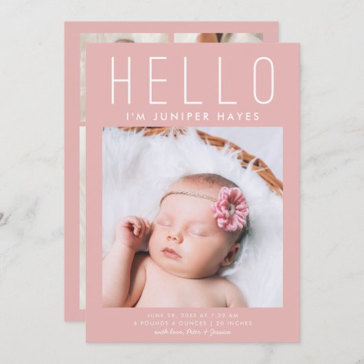 HELLO Einfach rosa Modernes MultiFoto Geburt Ankündigung (Vorne/Hinten)