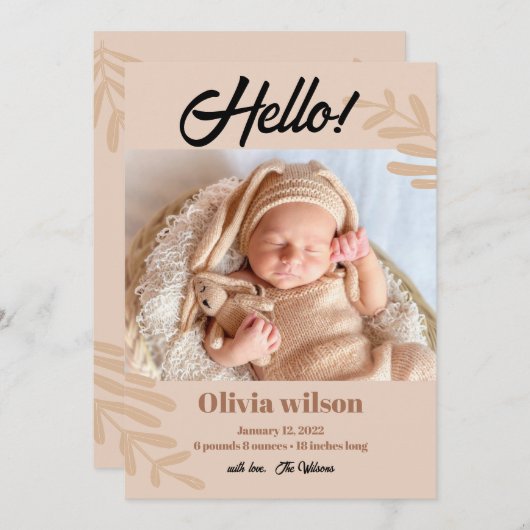 HELLO Einfache Geburtsankündigung Ankündigung (Vorne/Hinten)