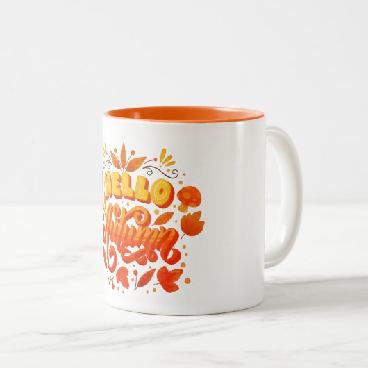 Hello Fall Autumn Leaves Coffee Mug | Cozy Two-Ton Zweifarbige Tasse (VorderseiteRechts)