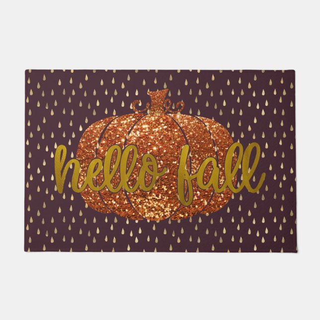 Hello Fall Glitzer Pumpkin Metallic Gold Burgundy Fußmatte (Vorderseite)