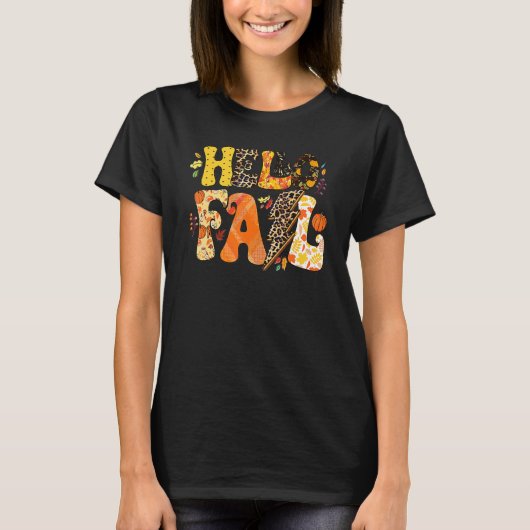 Hello Fall Groovy Pumpkin Blätter Herbst Thanksgiv T-Shirt (Vorderseite)