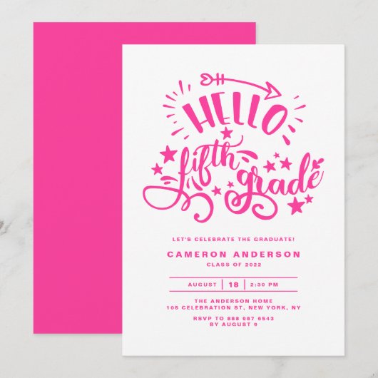 Hello Fifth Grade | Rosa Vierter Abschluss Einladung (Vorne/Hinten)
