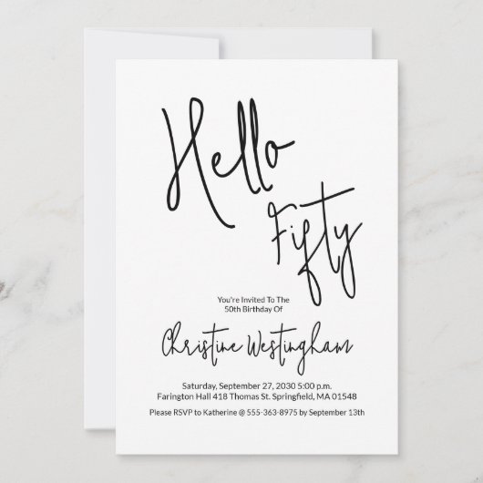 Hello Fifty Black White Script 50th Birthday Einladung (Vorderseite)