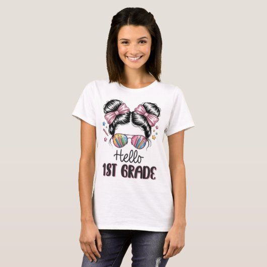Hello First Grade Teacher Coquette Pencil Bow T-Shirt (Vorne ganz)
