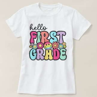 Hello First Grade Teacher Coquette Pencil Bow T-Shirt