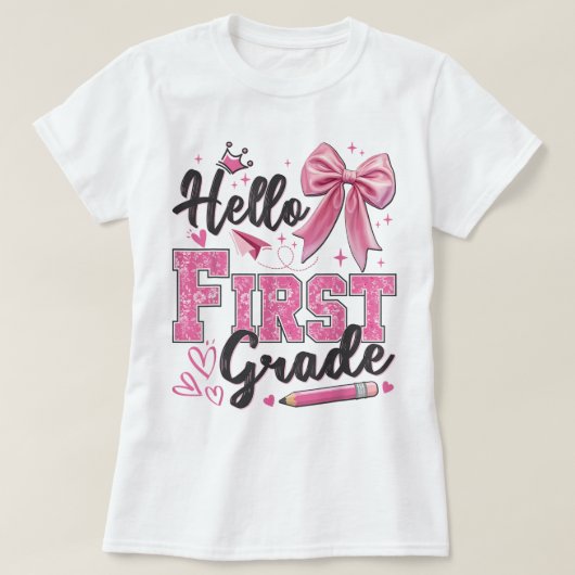 Hello First Grade Teacher Coquette Pencil Bow T-Shirt (Design vorne)