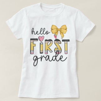 Hello First Grade Teacher Coquette Pencil Bow T-Shirt
