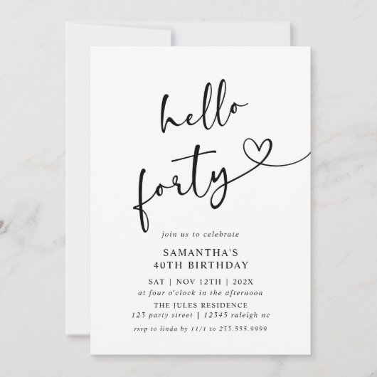 Hello Forty Black and White 40th Birthday Party Einladung (Vorderseite)
