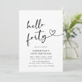 Hello Forty Black and White 40th Birthday Party Einladung (Stehend Vorderseite)