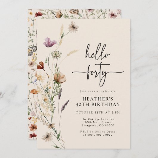 Hello Forty Boho Birthday Einladung (Vorne/Hinten)