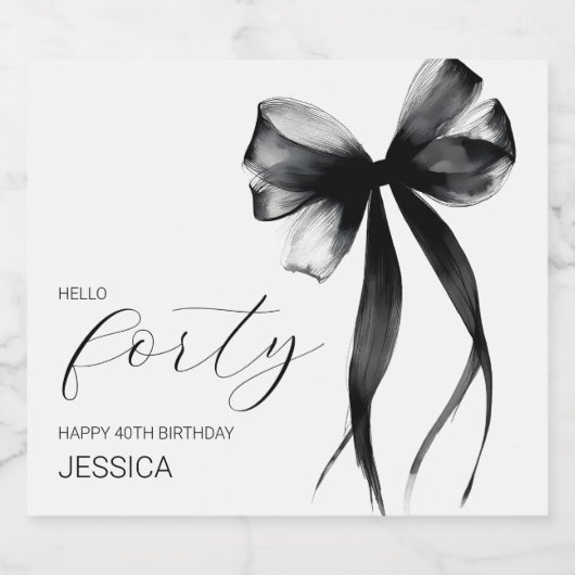 Hello Forty Elegant Script Bow 40th Birthday Party Schaumweinetikett (Einzelnes Label)