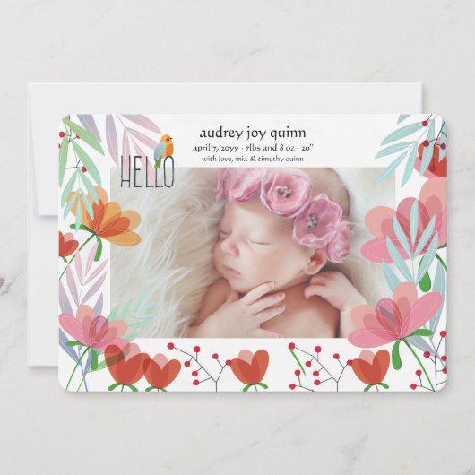 Hello Foto Floral Birth Ankündigung (Vorderseite)