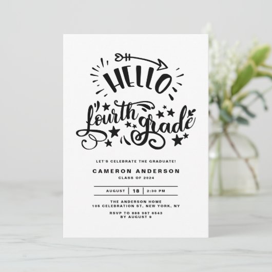 Hello Fourth Grade | Black Third Grade Abschluss Einladung (Stehend Vorderseite)