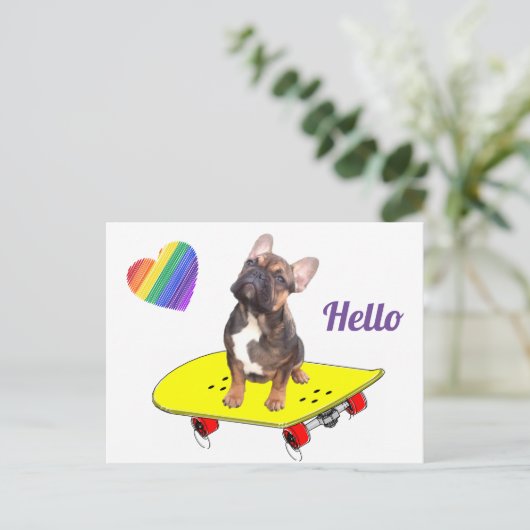 Hello Französische Bulldogge Postkarte (Stehend Vorderseite)