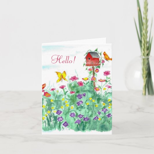 Hello Friend Red Birdhouse Butterfly Blume Karte (Vorderseite)