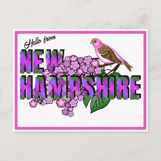 Hello from New Hampshire Purple Finch & Lilacs Postkarte (Vorderseite)