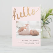 Hello Gold und Pink Script Foto Birth Ankündigung (Stehend Vorderseite)