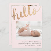Hello Gold und Pink Script Foto Birth Ankündigung (Vorne/Hinten)