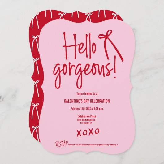 Hello Gorgeous bow Galentine’s Day Red and Pink Einladung (Vorne/Hinten)