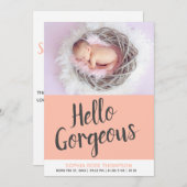 Hello Gorgeous Typografy Foto Pink Baby Girl Ankündigung (Vorne/Hinten)