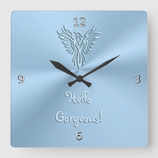 Hello Gorgeous with Ice Blue Rising Phoenix Emblem Quadratische Wanduhr (Vorderseite)