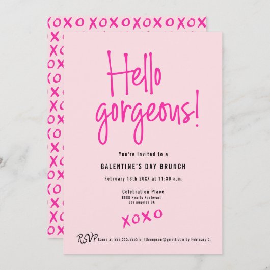 Hello Gorgeous XOXO Pink Galentine’s Day Brunch Einladung (Vorne/Hinten)