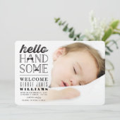 Hello Handsome Baby Boy Foto Birth Ankündigung (Stehend Vorderseite)