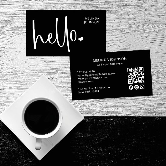 Hello Heart Black Script QR Code Social Media Visitenkarte