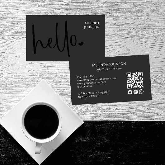 Hello Heart Deep Black Script QR Code Social Media Visitenkarte