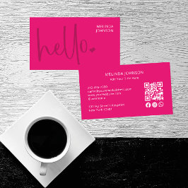 Hello Heart Hot Pink Script QR Code Social Media Visitenkarte
