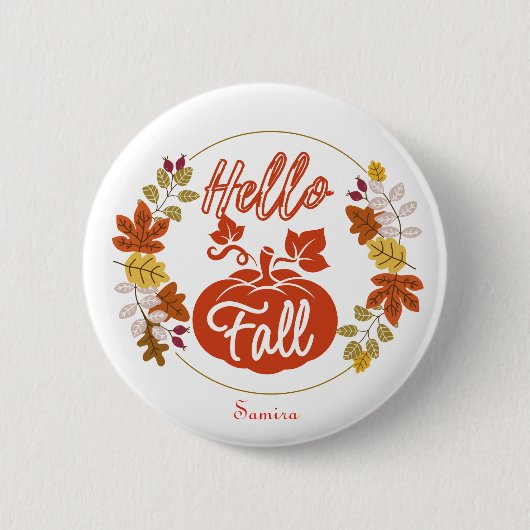 Hello Herbst Herbst Leaves Pumpkin Erntedank Name Button (Vorderseite)
