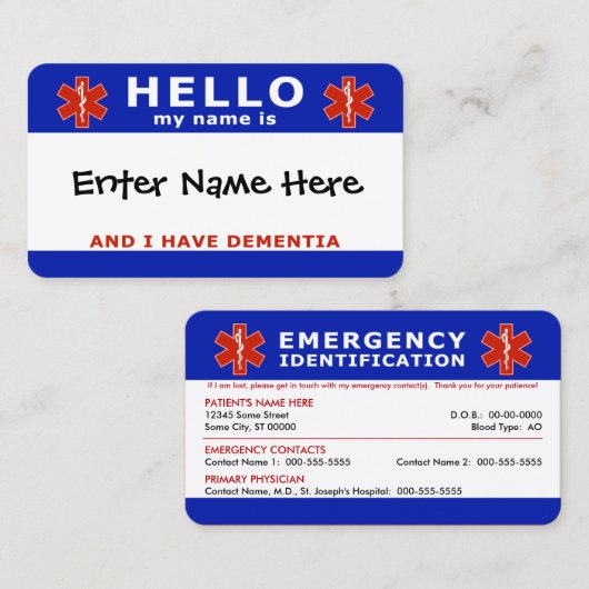 HELLO i dementia Notfallinfo Visitenkarte (Vorne/Hinten)
