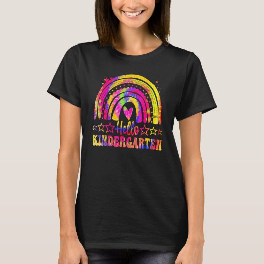 Hello Kindergarten Teacher Rainbow Tie Dye Back To T-Shirt (Vorderseite)