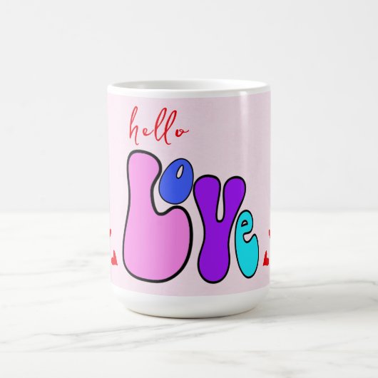 "Hello Liebe" Retro 70er Schriftart Rote Herzen Kaffeetasse (Mittel)