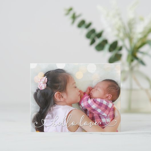 Hello Liebe Second Baby Birth Ankündigung Postkarte (Stehend Vorderseite)