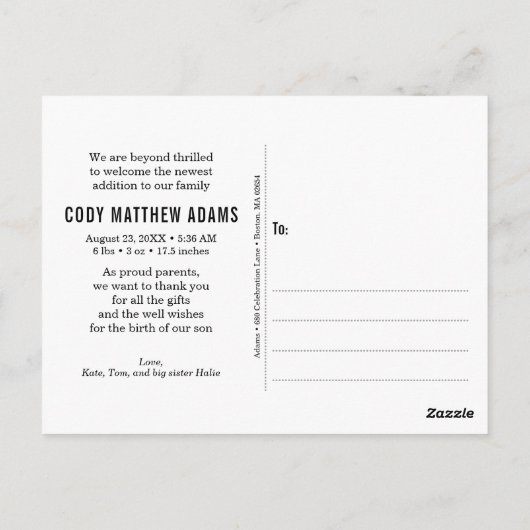 Hello Liebe Second Baby Birth Ankündigung Postkarte (Rückseite)