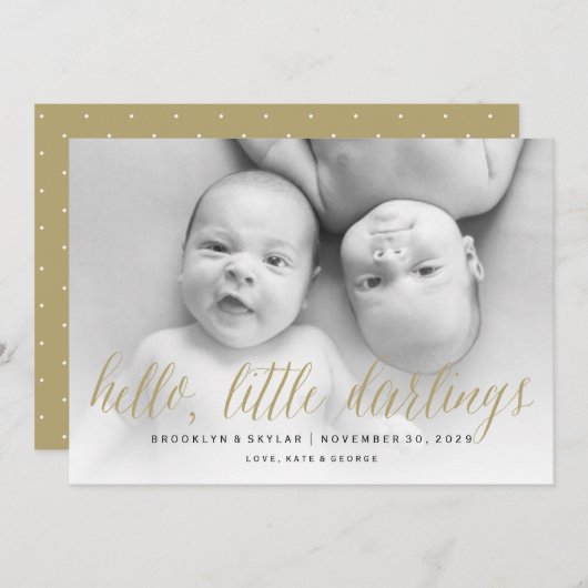 Hello Little Darlings Gold Script Twin Foto Birth Ankündigung (Vorne/Hinten)