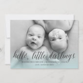 Hello Little Darlings Twin Boys Modern Foto Birth Ankündigung (Vorderseite)