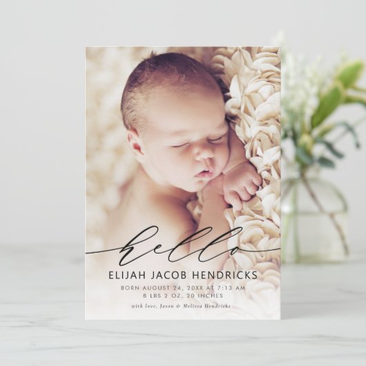 Hello Modern Script Birth Ankündigung (Stehend Vorderseite)