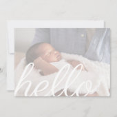 Hello Modern White Script Overlay Baby Foto Ankündigung (Vorderseite)
