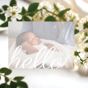 Hello Modern White Script Overlay Baby Foto Ankündigung