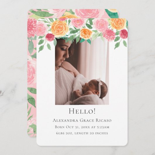 Hello New Baby Foto Personalisiert Pink Blume Einladung (Vorne/Hinten)