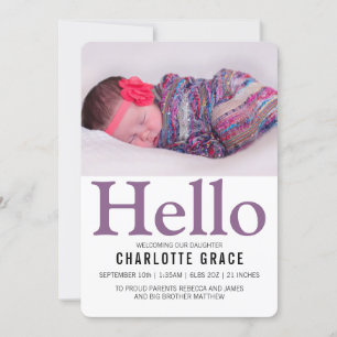 Hello New Baby Lila Personalisiert Ankündigung