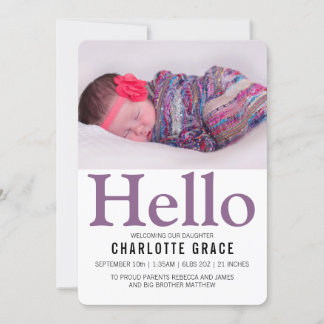 Hello New Baby Lila Personalisiert Ankündigung