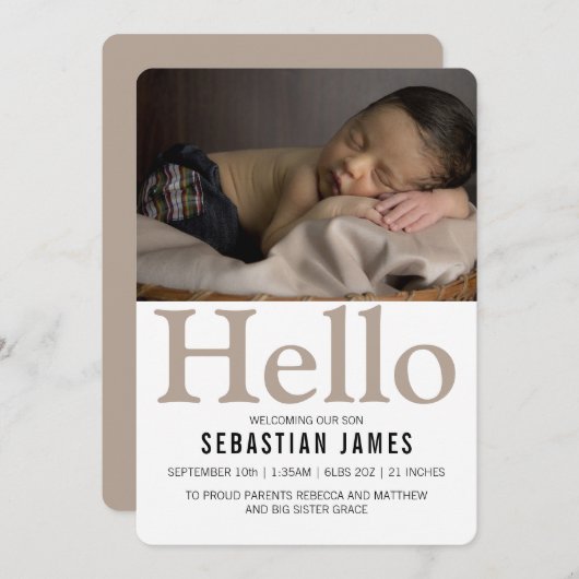 Hello New Baby Taupe Personalisiert Ankündigung (Vorne/Hinten)