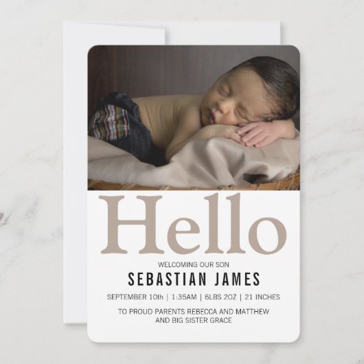 Hello New Baby Taupe Personalisiert Ankündigung (Vorderseite)