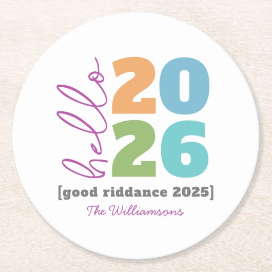 Hello New Year Bold Custom Year Name Spaß Runder Pappuntersetzer (Vorderseite)